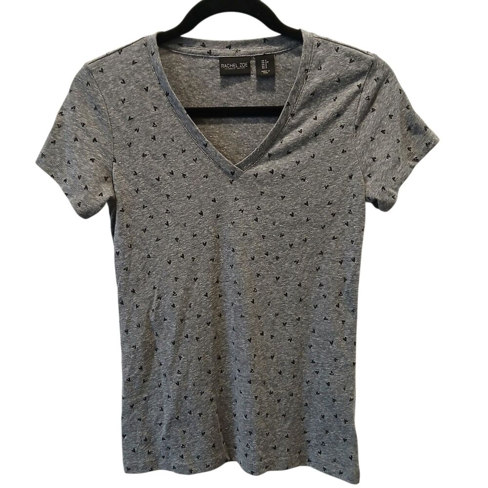 Rachel‎ Zoe Gray Heart Print V-Neck T-Shirt Women’s Size Small S Short Sleeve